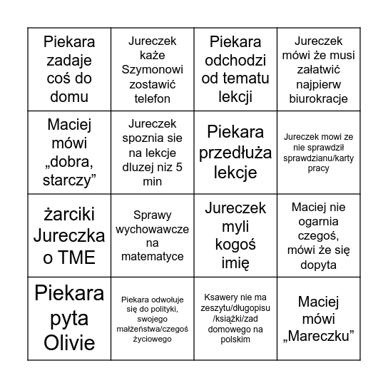 Środa (Jur) Bingo Card