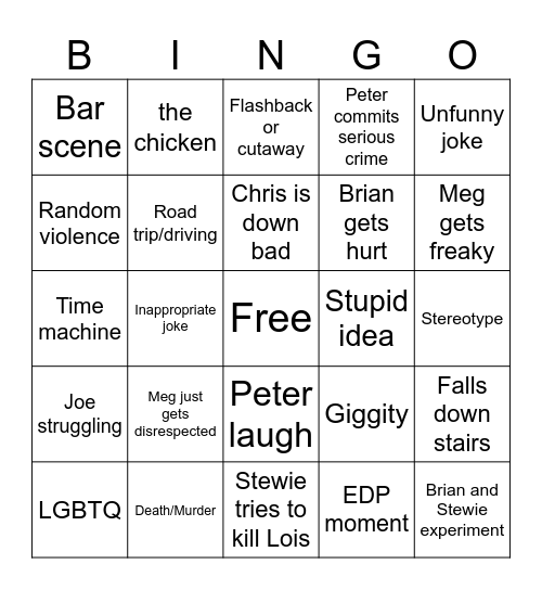 Family Guy Bingo Card