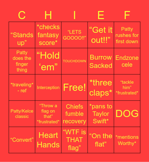 Chiefs v Bengals Bingo Card