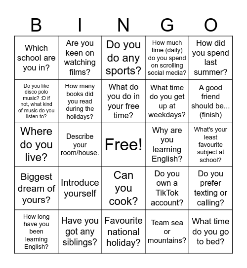 GET TO KNOW EACH OTHER Bingo Card