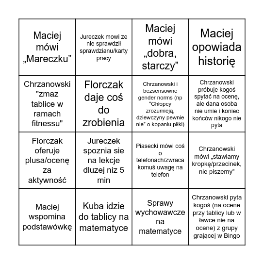 Czwartek (Jur) Bingo Card