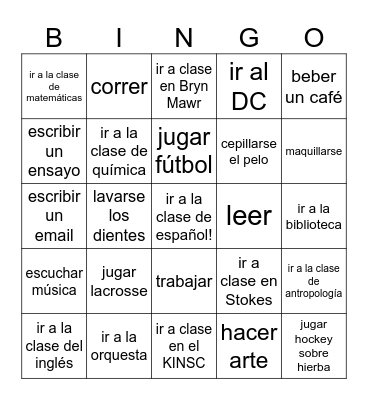 rutina diaria en la universidad Bingo Card