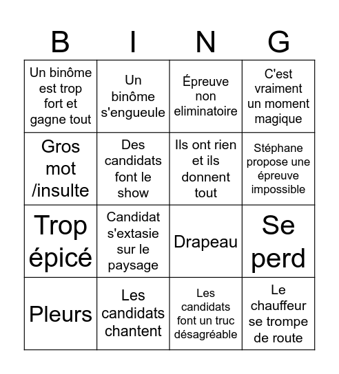 Pékin express Bingo Card