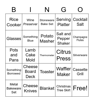 Bridal Shower Gift Bingo Card