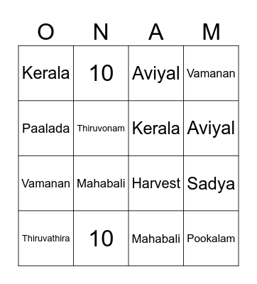 Onam 2024 Bingo Card