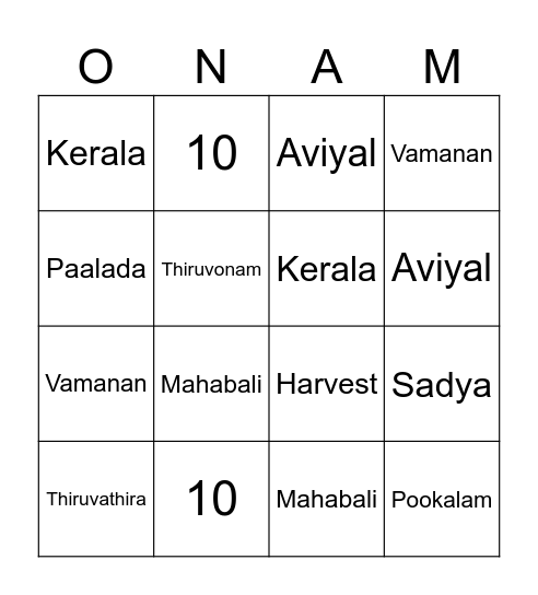 Onam 2024 Bingo Card