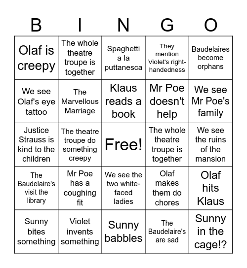 The Bad Beginning Bingo Card