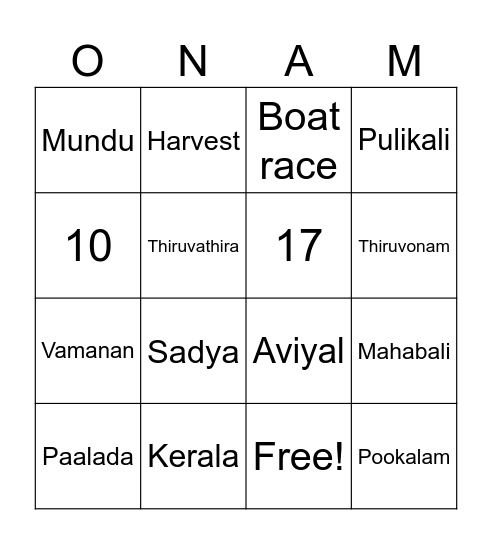 Onam 2024 Bingo Card