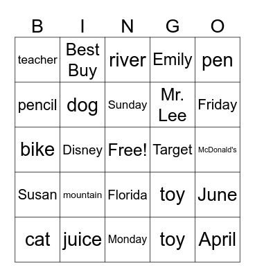 Proper Noun Bingo Card