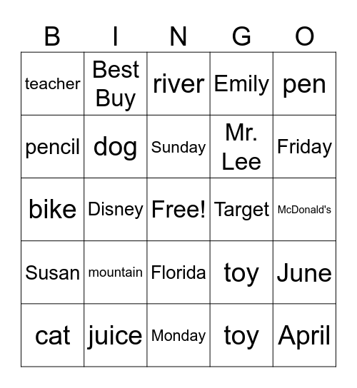 Proper Noun Bingo Card