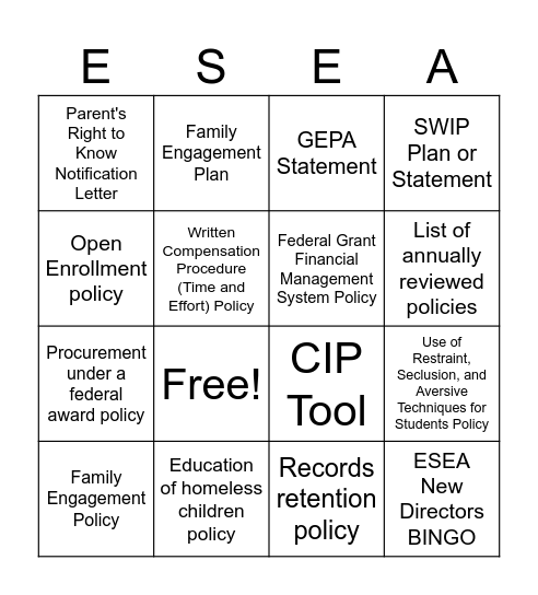 ESEA New Directors BINGO Card