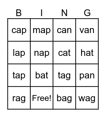 CVC Phonics Short "A" Bingo Card