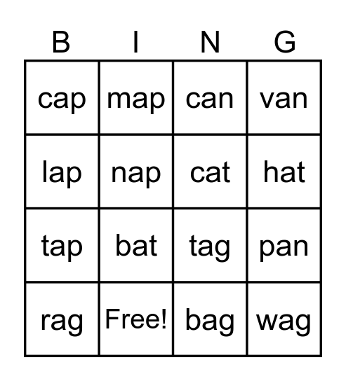 CVC Phonics Short "A" Bingo Card