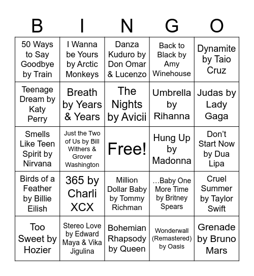 Song Bingo Card