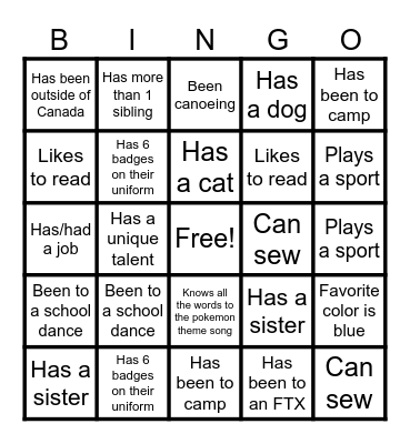 CADET BINGO Card