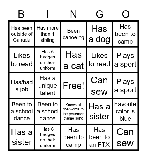 CADET BINGO Card