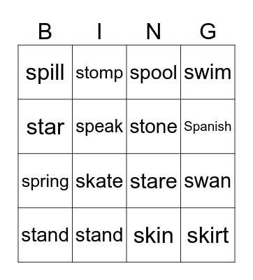 Phonics: sp, st Bingo Card