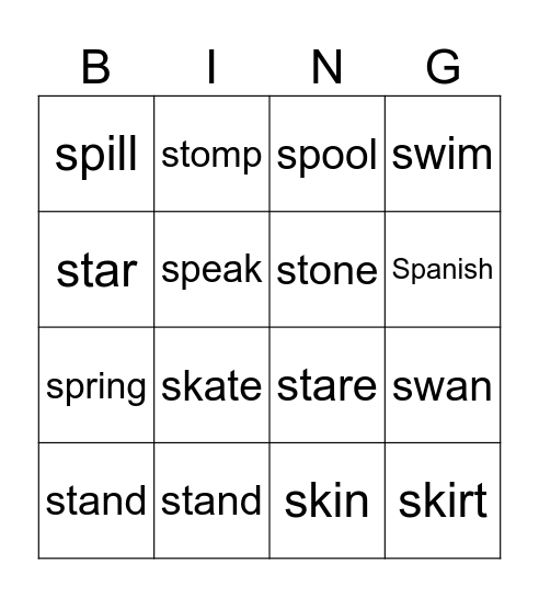 Phonics: sp, st Bingo Card