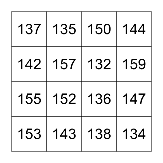 Bingo numérico del 131 al 160 Bingo Card