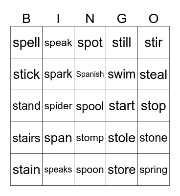 Phonics: st, sp Bingo Card