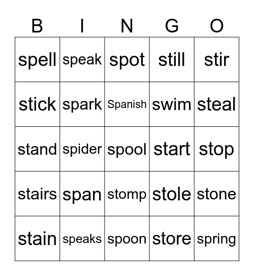 Phonics: st, sp Bingo Card