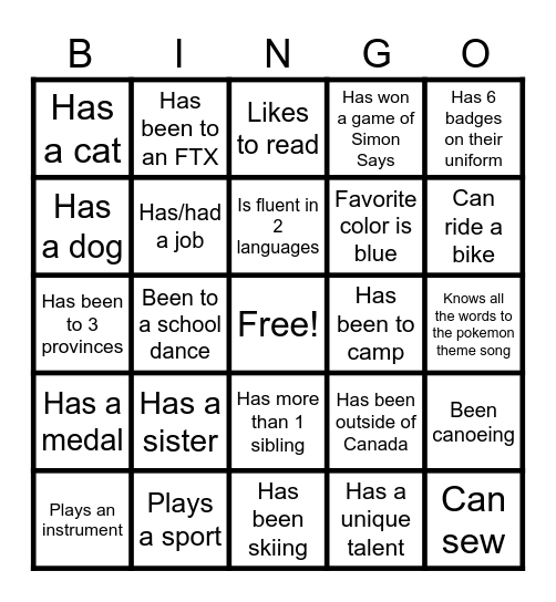 CADET BINGO Card