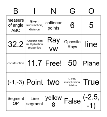 Geometry Test #1 Bingo Card Bingo Card