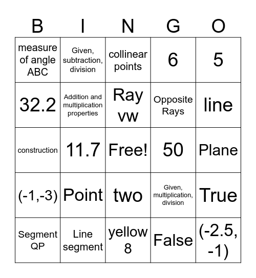 Geometry Test #1 Bingo Card Bingo Card