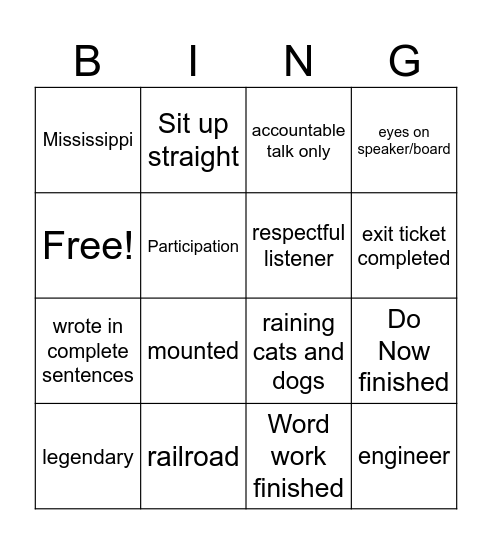 Casey Jones Bingo Card