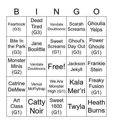 Monster High Bingo Card