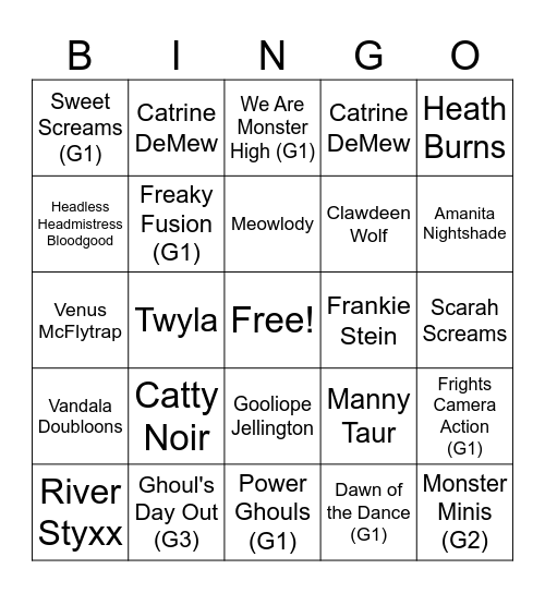 Monster High Bingo Card