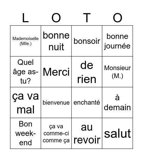 LES SALUTATIONS Bingo Card