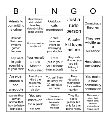 Master Naturalist Outreach Interactions Bingo Card