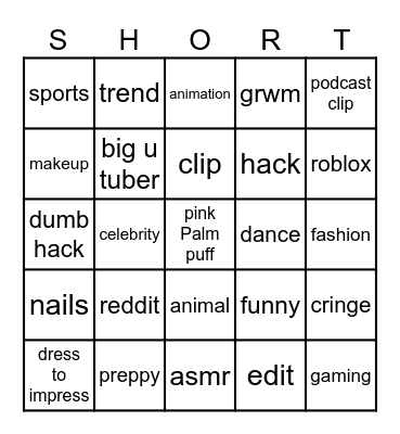 YouTube shorts Bingo Card