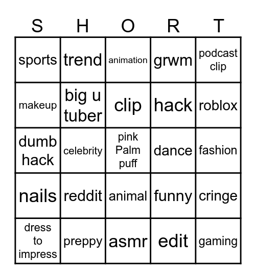 YouTube shorts Bingo Card