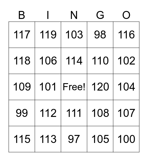 Numbers 97-120 Bingo Card