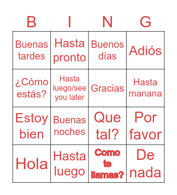 Greeting in Spanish Bingo Card