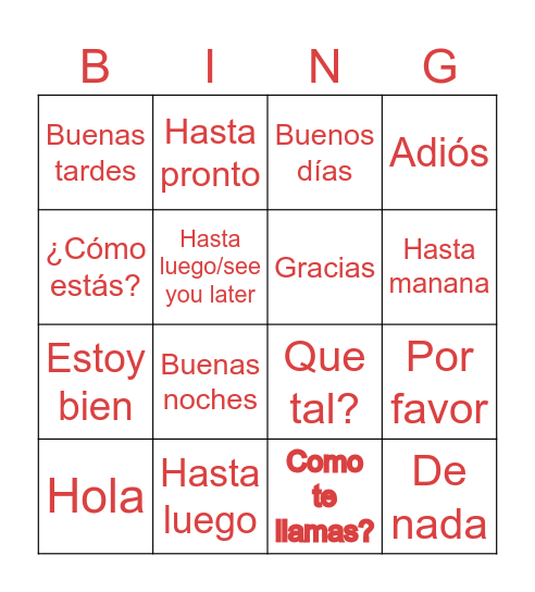 Greeting in Spanish Bingo Card