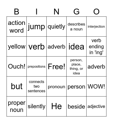 Parts of Speech Bingo Card