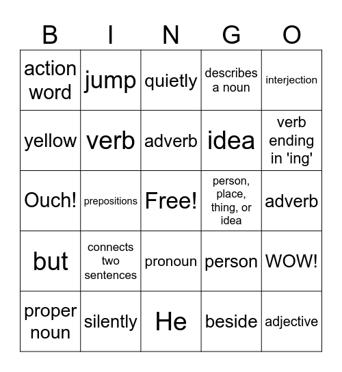 Parts of Speech Bingo Card