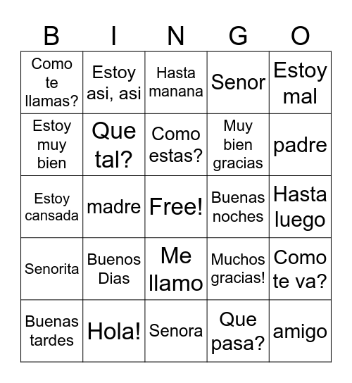 Spanish Vocabulary Bingo Card