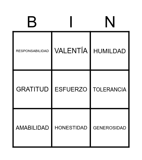 Los valores Bingo Card