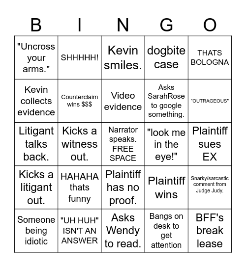 Judge Judy Bingo Card