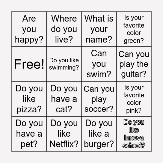 Questions about you? Bingo Card