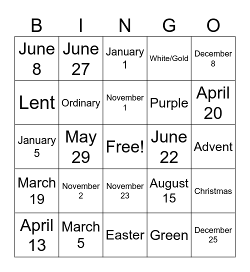 Church Seasons Bingo Card