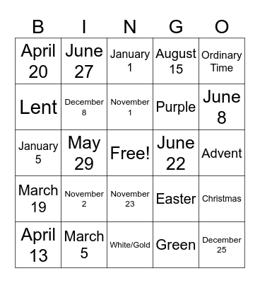 Church Seasons Bingo Card