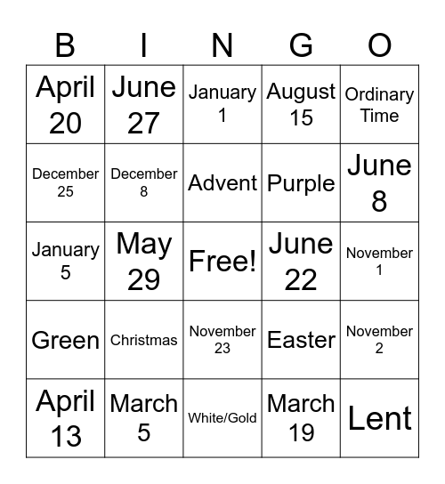 Church Seasons Bingo Card