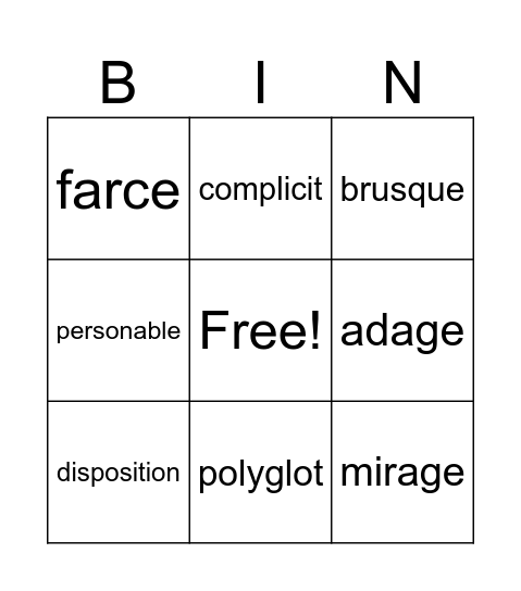 Vocabulary Sept. 16-22 Bingo Card