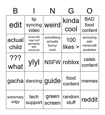 youtube shorts bingo Card