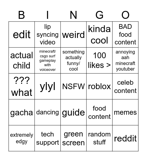 youtube shorts bingo Card